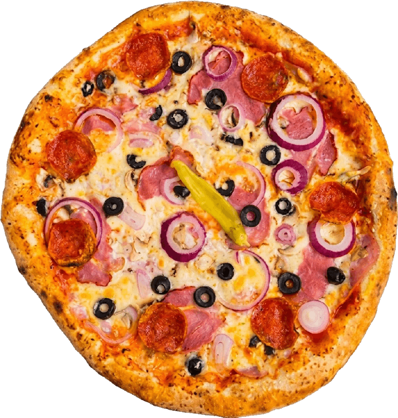 Pizza Pepperoni sa kulenom, suvim vratom, feferonom, maslinama i crvenim lukom
